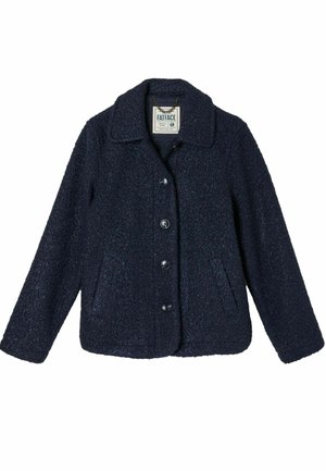 Marineblaue Wollmischung-Jacke mit strukturierter Oberfläche, Knopfverschluss, Reverskragen und zwei Seitentaschen.