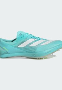 Lightweight turquoise athletic shoe with a mesh upper, white three-stripe design, and a spiked sole for track performance.