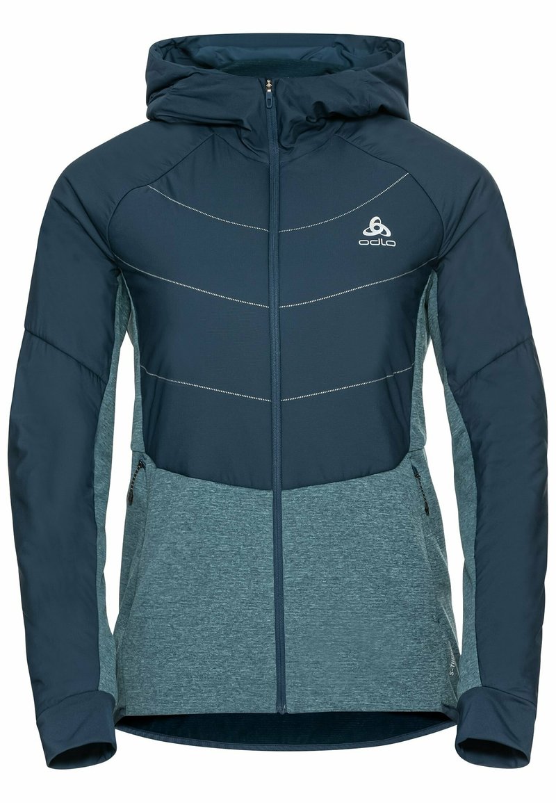 Veste à capuche en bleu marine foncé et en teal, avec une fermeture éclair à l'avant et deux poches latérales. Logo Odlo sur la partie supérieure gauche de la poitrine.