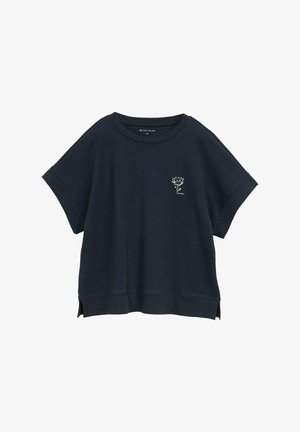 Navyblaues oversized T-Shirt, kurze Ärmel, Rundhalsausschnitt, seitliche Schlitze, mit einem kleinen weißen Blumenmotiv auf der Brust. Weicher Stoff.