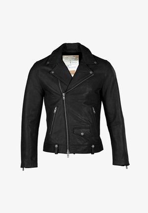 Jachetă de motociclist din piele neagră, cu rever dublu, fermoar frontal asimetric, două buzunare cu fermoar și un buzunar frontal cu capse.