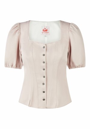 Lichtroze blouse met korte mouwen, pofmouwen, een vierkante halslijn en een rij van zeven decoratieve knopen aan de voorkant.