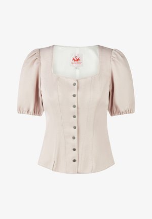 Lichtroze blouse met korte mouwen, pofmouwen, een vierkante halslijn en een rij van zeven decoratieve knopen aan de voorkant.