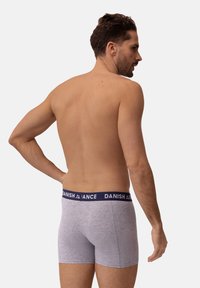 Boxer ajustados de algodón gris con una cinturilla elástica azul marina que presenta el texto "DANISH". El diseño es ceñido y tiene una textura suave.