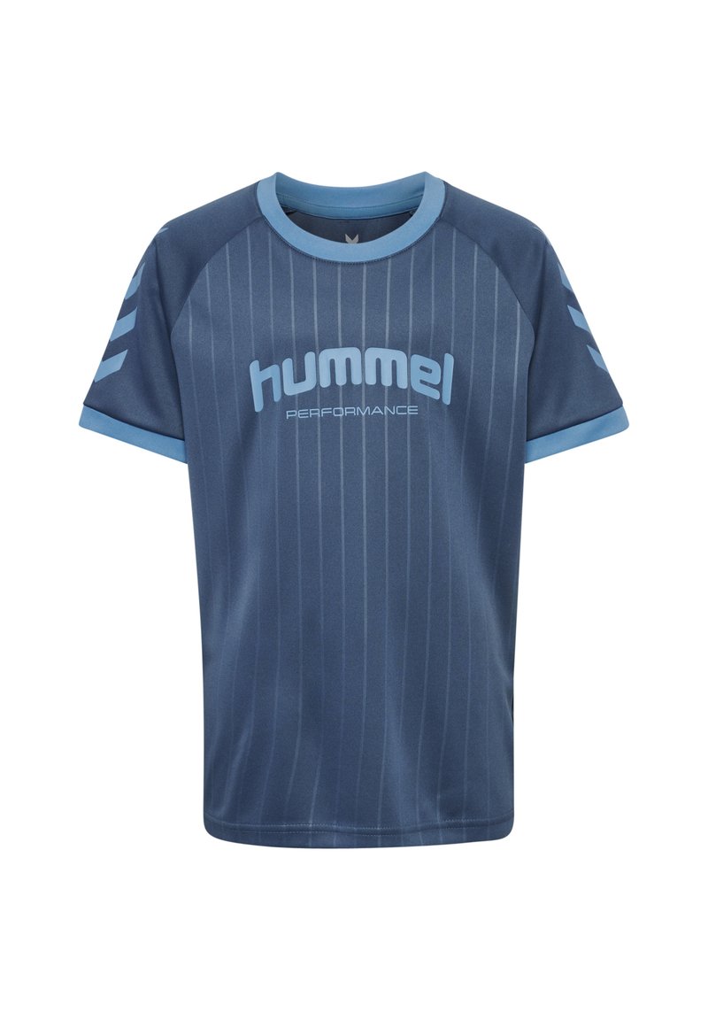 Mörkblå sporttröja med ljusblå detaljer, försedd med vertikala ränder, rund halsringning, korta ärmar och "hummel"-logotyp tryckt framtill.