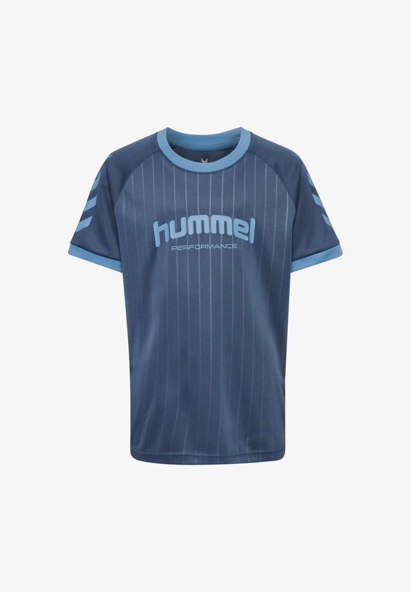Dunkelblauses Sportshirt mit hellblauen Akzenten, vertikalen Streifen, Rundhalsausschnitt, kurzen Ärmeln und aufgedrucktem "hummel"-Logo auf der Vorderseite.