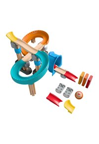 Wooden marble run track with colorful curved ramps, blue tunnel, three wooden blocks, smiley face ball, and plastic connectors on white background.