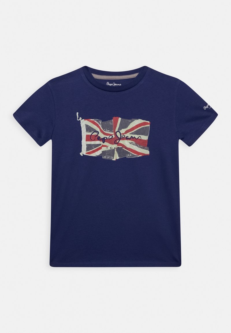Granatowy bawełniany t-shirt z przetartym nadrukiem Union Jack i napisem "Pepe Jeans". Krótkie rękawy i klasyczny, okrągły dekolt.