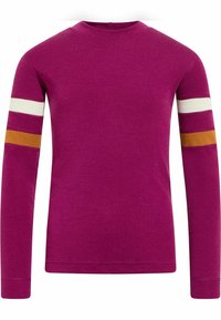 Pink long-sleeve sweater with round neckline. Features three colored stripes—white, orange, and burgundy—on the sleeves. Textured finish.