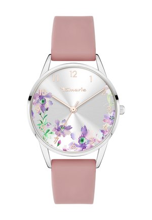 Silver dial watch with floral design in shades of purple; rose gold accents and numbers; soft pink silicone strap. Round case, minimalist style.