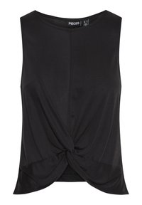 Top nero senza maniche con scollo rotondo, presenta un dettaglio annodato frontale, realizzato in tessuto liscio e leggero con una leggera lucentezza.
