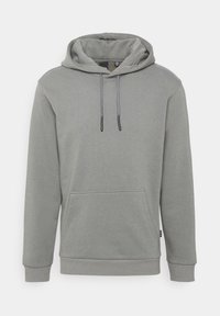 Sweat à capuche gris en tissu doux, équipé d'une poche avant, d'un cordon de serrage réglable, ainsi que de poignets et d'un ourlet côtelés. Design classique.