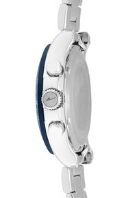 Silver stainless steel watch with a round case, blue bezel, and three buttons. Features a polished bracelet and a smooth back.