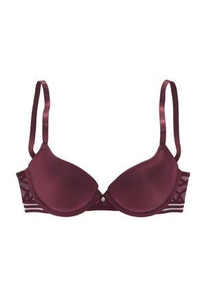 Burgunder Push-up-BH mit glatten, gepolsterten Körbchen, Spitzenakzenten am Band und verstellbaren Trägern. Verfügt über ein dekoratives zentrales Detail.