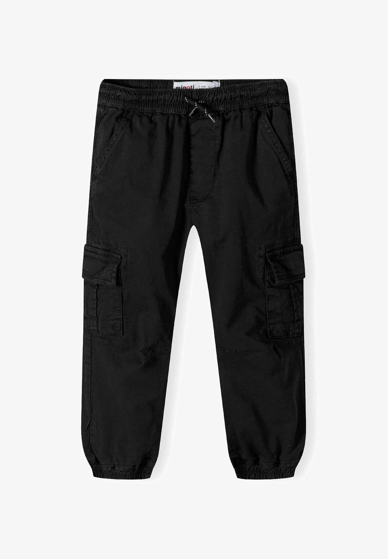 Černé cargo kalhoty s elastickým pasem, šňůrkou na stažení, bočními kapsami, chlopňovými kapsami na stehnech a elastickými manžetami na kotnících.