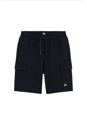 Čierne cargo šortky s elastickým pásom, predným šnúrkovaním, bočnými klopovými vreckami a malým bielym vyšívaným logom na ľavom stehne.