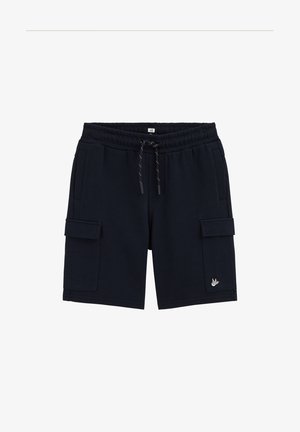 Pantaloni corti cargo neri con vita elasticizzata, coulisse frontale, tasche laterali a patta e piccolo logo bianco ricamato sulla gamba sinistra.