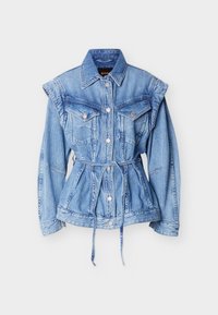 Γαλάζιο τζιν μπουφάν με μακριά μανίκια, κουμπιά στο μπροστινό μέρος, τσέπες στο στήθος, δομημένους ώμους και ζώνη στη μέση.