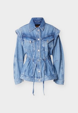 Light blue denim jacket with long sleeves, button front, chest pockets, structured shoulders, and a waist tie belt.