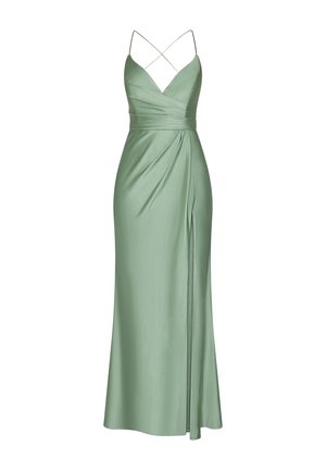 Long, flowy, light green dress made of satin. Features a deep V-neckline with crisscross straps, draped design, and a thigh-high slit.