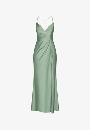 Long, flowy, light green dress made of satin. Features a deep V-neckline with crisscross straps, draped design, and a thigh-high slit.