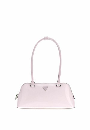 Sac à main rectangulaire rose clair brillant avec deux longues anses et un petit logo de marque triangulaire au centre devant.