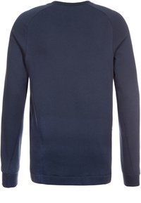 Mörkblå sweatshirt, mjukt tyg, rund hals, långa ärmar och ribbade muddar och nederdel. Enfärgad bak utan synliga logotyper eller mönster.