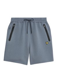 Shorts sportivi grigi realizzati in tessuto testurizzato, dotati di un elastico in vita con coulisse, due tasche nere con zip e un logo giallo ricamato.