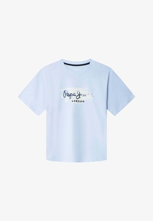 T-shirt en coton bleu clair à manches courtes, avec un imprimé graphique blanc et marine comprenant "Pepe Jeans London". Coupe classique à col rond.