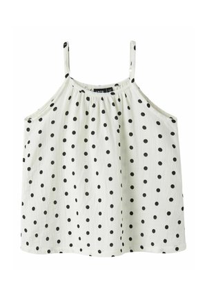 Blusa bianca senza maniche con sottili spalline e motivo a pois neri, con vestibilità ampia e fluida.