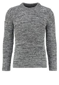 Maglione grigio a maglia con un motivo testurizzato, colletto a girocollo e maniche lunghe. Il materiale presenta diverse tonalità di grigio.