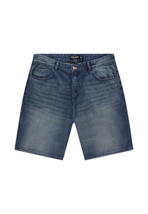 Donkere blauwe denim shorts, rechte snit, ontwerp met vijf zakken, met een knoopsluiting en riemlussen. Licht beschadigde textuur.