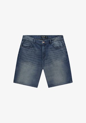 Donkere blauwe denim shorts, rechte snit, ontwerp met vijf zakken, met een knoopsluiting en riemlussen. Licht beschadigde textuur.