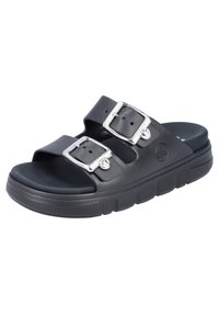 Schwarze Badesandalen zum Hineinschlüpfen mit zwei verstellbaren silbernen Schnallen, strukturierten Riemen, einem gepolsterten Fußbett und einer stabilen Gummisohle.
