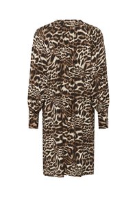 Vestido de leopardo en tonos marrón y crema con mangas largas, silueta favorecedora, cuello redondo y detalles fruncidos en las mangas.