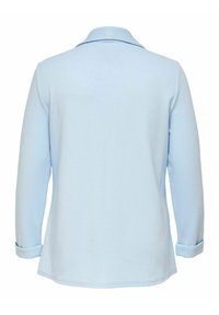 Light blue long-sleeve shirt with a collared neckline, featuring a textured fabric and rolled cuffs. Back view shows a straight hemline.