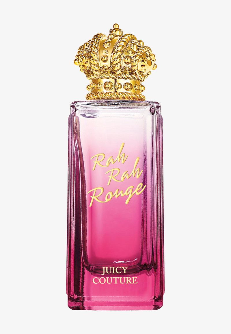 Flacon de parfum rectangulaire et haut avec un dégradé rose, texte doré en cursive « Rah Rah Rouge » et bouchon orné en forme de couronne dorée.