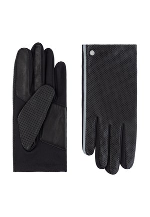 Black gloves with perforated leather on the back and palm, soft fabric on fingers, and a small metal logo detail on the wrist.