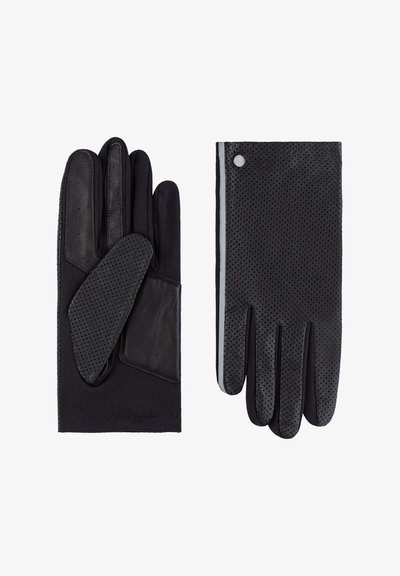 Schwarze Handschuhe mit perforiertem Leder auf der Rückseite und der Handfläche, weichem Stoff an den Fingern und einem kleinen Metall-Logodetail am Handgelenk.