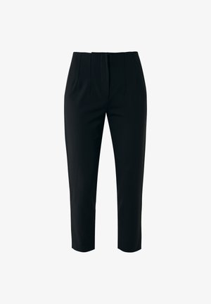 Zwarte getailleerde cropped broeken met een soepele textuur, voorzien van een rits aan de voorkant en twee plooien aan de voorkant voor extra detail.