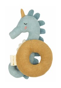 Soft plush baby toy in the shape of a sea creature, featuring a blue body, yellow accents, and a tan ring. Textured fabric with stitched details.