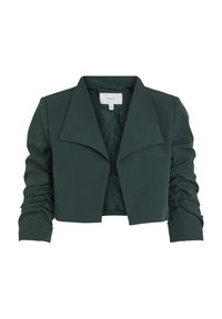 Ciemnozielona krótka marynarka z szerokimi klapami i marszczonymi długimi rękawami, z otwartym przodem oraz gładką podszewką.