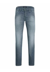 Ljust blå denimjeans med smal passform, som har fem fickor, subtil blekning och kontrasterande sömmar längs sömmarna.