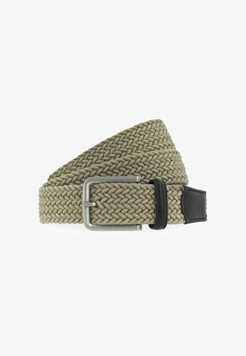 Gewebter Gürtel in hellbeige mit strukturiertem Muster, silberner Metallschnalle und schwarzen Lederakzenten. Verstellbare Größe für Komfort.