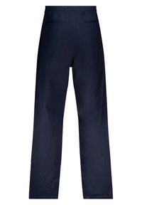 Pantalons bleu marine en tissu lisse, avec une coupe droite, des passants de ceinture et deux poches arrière. Coupe simple et fonctionnelle.