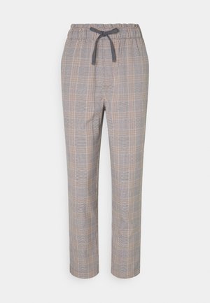 Pantalones de cuadros grises de corte holgado con cintura elástica y cordón negro, piernas rectas, mostrados sobre un fondo liso.