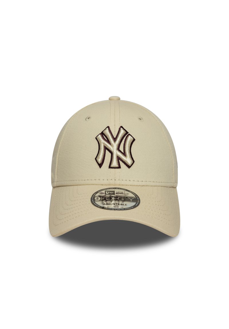 Beige cap made of fabric, featuring a raised dark brown NY logo on the front, adjustable strap at the back, and a rounded peak design.