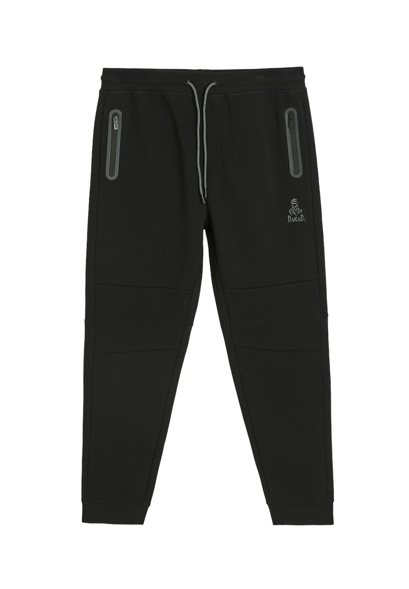 Czarne tapered joggery wykonane z miękkiego materiału, z dwoma bocznymi kieszeniami na zamek błyskawiczny, elastycznym pasem ze sznurkiem oraz subtelnym detalem z logo.