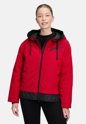 Red insulated jacket with a black hood, zippered front, and quilted black lining. Features two side pockets and an additional chest pocket.