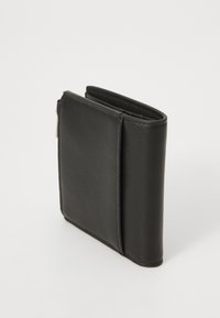 Black leather wallet with a bi-fold design. Smooth texture, stitching detail along edges, and a zip compartment on one side.
